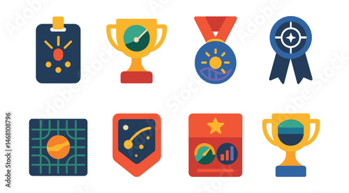 Flat vector icons of space science and data: cosmic ray detector badge, orbital velocity chart trophy, space weather monitor medal, star tracker diagram ribbon, gravity map grid icon, deep space