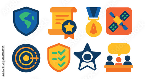 Flat vector icons of space law and ethics: planetary protection badge, space treaty scroll trophy, launch license form medal, satellite ownership grid ribbon, orbital boundary chart icon, safety