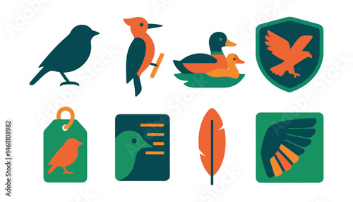 Flat vector icons of bird species and identification: songbird silhouette, woodpecker icon, waterfowl pair, raptor flying badge, migratory bird tag, bird call chart, feather shape icon, wing pattern