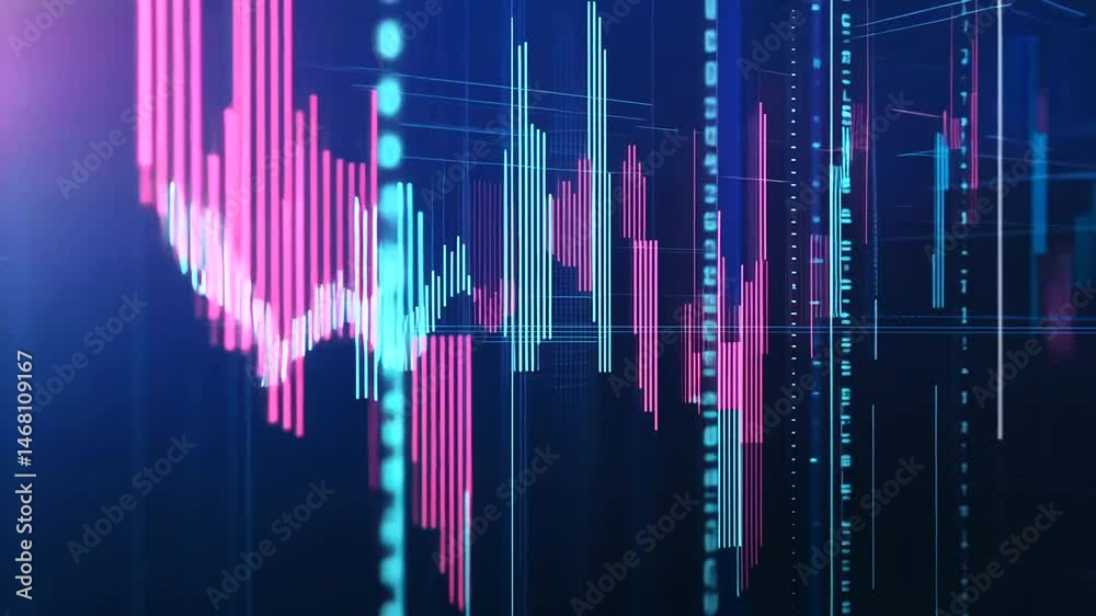 Glowing pink and blue digital financial chart with binary code streams ...