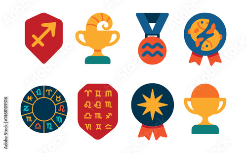 Flat vector icons of zodiac signs (continued): Sagittarius arrow badge, Capricorn goat horn trophy, Aquarius water bearer medal, Pisces fish ribbon, zodiac circle layout icon, all 12 signs badge, sun