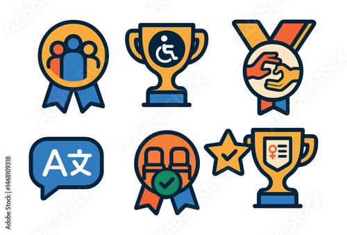 Flat vector icons of inclusive healthcare: culturally competent care badge, accessible medical facility trophy, sign language medical interpreter medal, gender-inclusive forms ribbon, multilingual