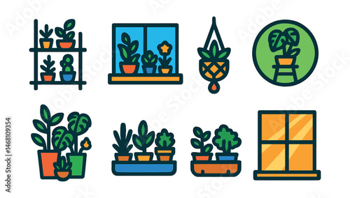 Flat vector icons of plant display and decor: plant shelf icon, window sill arrangement, macrame hanger, plant stand badge, corner jungle setup, wall-mounted planter, indoor garden label, natural