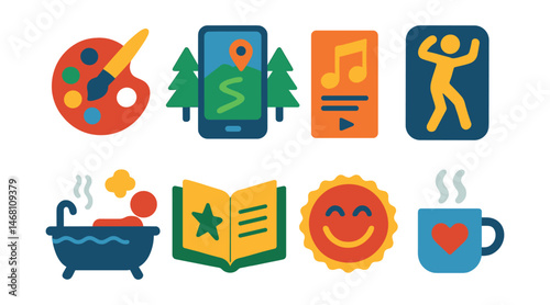 Flat vector icons of mood-enhancing activities: creative hobby icon, nature walk tracker, music for mood card, dance it out symbol, relaxing bath icon, story time book, laugh moment badge, comfort