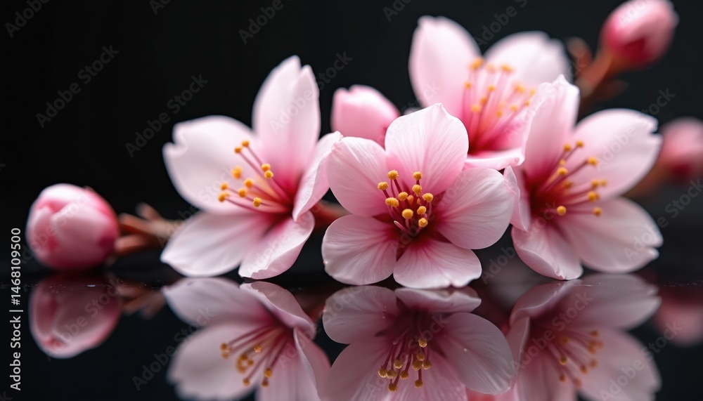 Naklejka premium Delicate pink cherry blossoms on glossy surface. Floral still life with reflections on black background. Petals, bloom, floral zen arrangement, tranquil, serene, beauty, calming, freshness, nature,