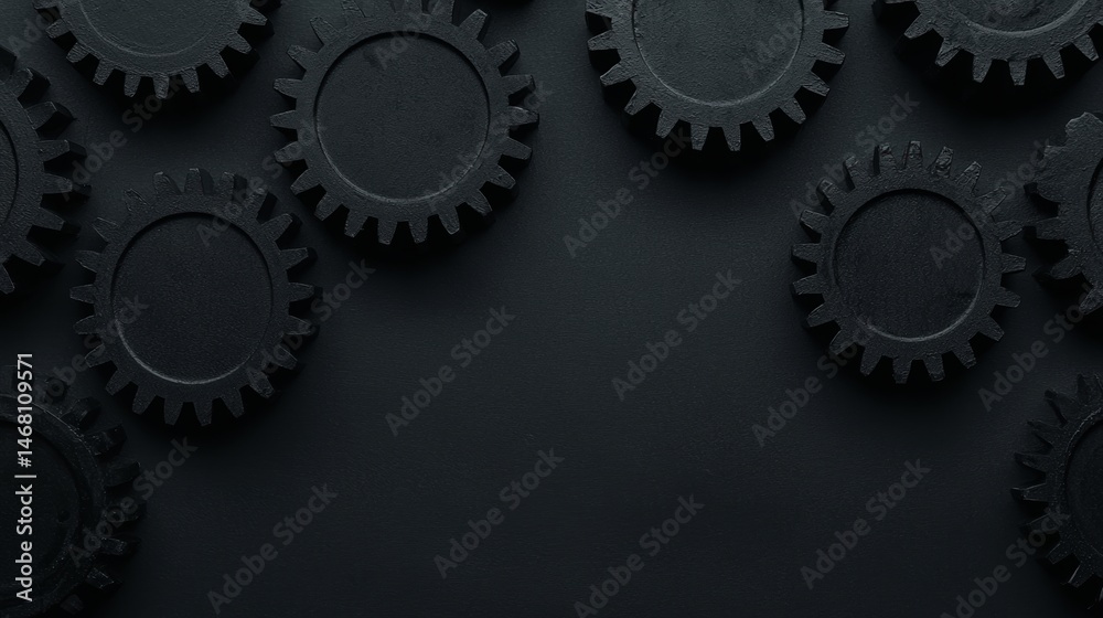 A collection of black gear-like objects arranged in a circular pattern on a black background. A collection of black gear-like objects arranged in a circular pattern on a black background.
