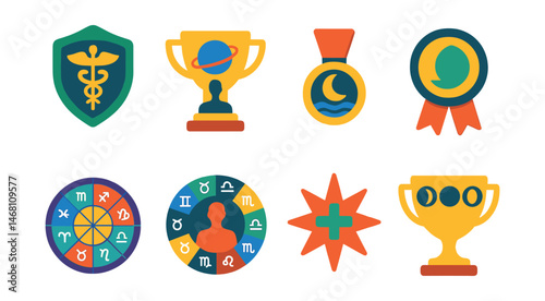 Flat vector icons of astrology and health: 6th house health badge, planetary influence on body trophy, moon in water sign medal, rising sign and constitution ribbon, medical astrology chart icon,