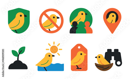 Flat vector icons of bird conservation: protected habitat sign, no trapping icon, conservation group badge, endangered species marker, reforestation seedling, clean habitat campaign, wildlife