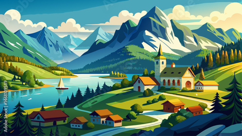 Schafberg mountain range with Lake Wolfgangsee on sunny day, Abersee, Salzkammergut, Salzburg, Austria