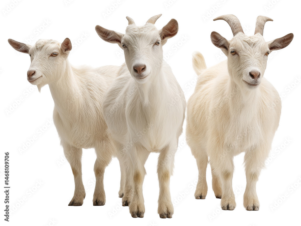 Fototapeta premium Three adorable white goats standing together isolated on pet farm cute on transparent background