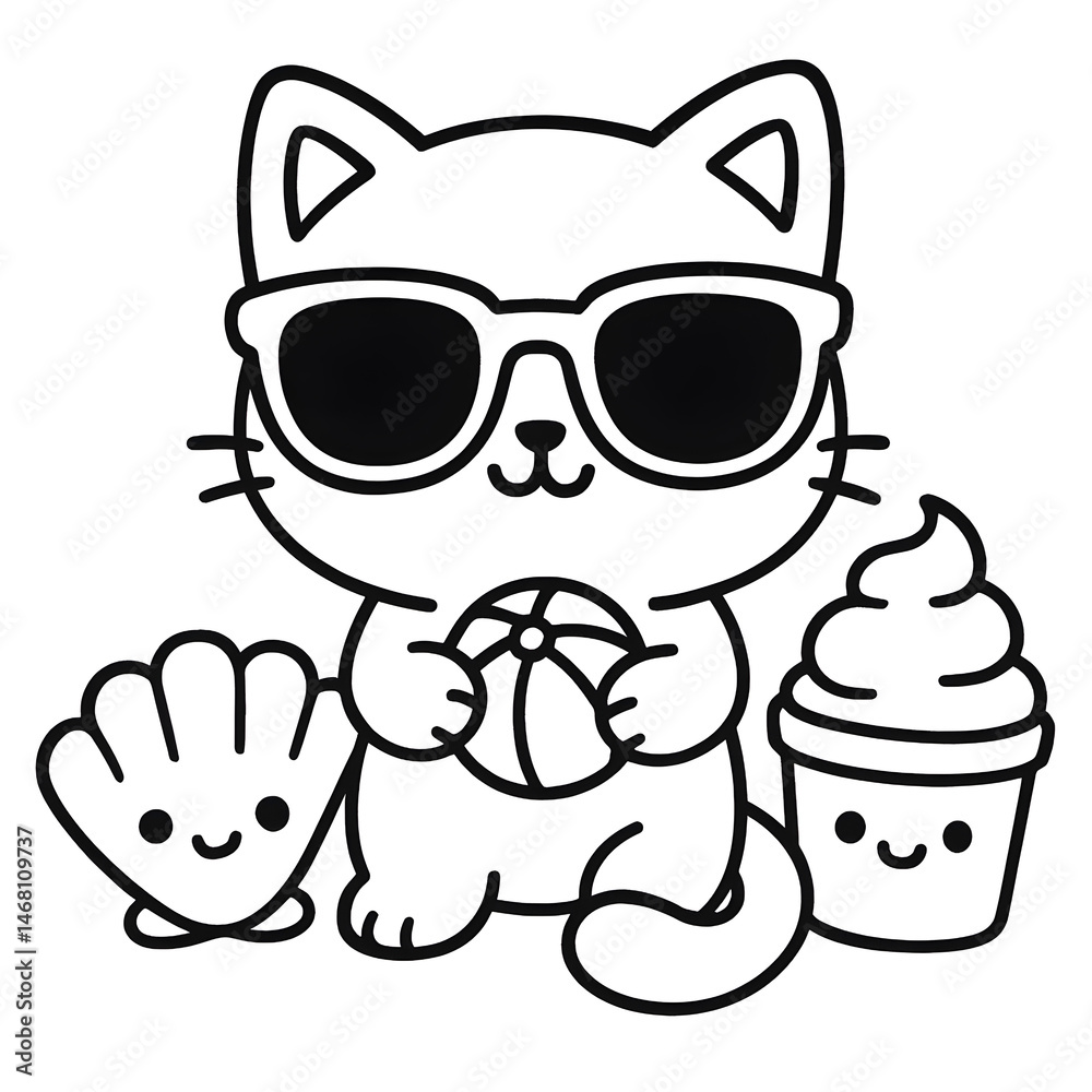 Naklejka premium Kawaii Summer Cat Coloring Page with Sunglasses, Beach Ball, and Ice Cream, perfect for summer-themed kids’ coloring books and printables