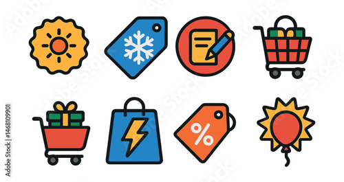 Flat vector icons of seasonal sales and promotions: summer sale badge, winter clearance tag, back to school discount icon, holiday shopping cart, Black Friday price drop, Cyber Monday flash deal, end