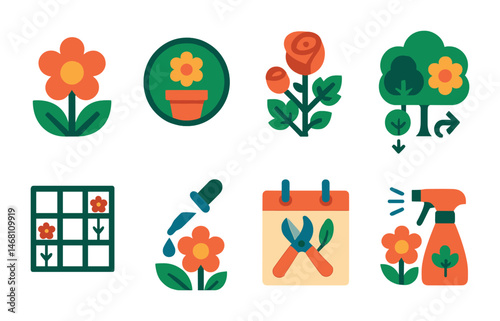 Flat vector icons of flower gardening: blooming flower icon, flower pot badge, rose bush symbol, annual vs perennial chart, floral spacing grid, petal care dropper, pruning calendar, floral scent