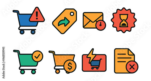 Flat vector icons of abandoned cart recovery tools: abandoned cart alert icon, comeback coupon tag, reminder email envelope, limited time offer badge, saved cart notification, cart recovery bonus,