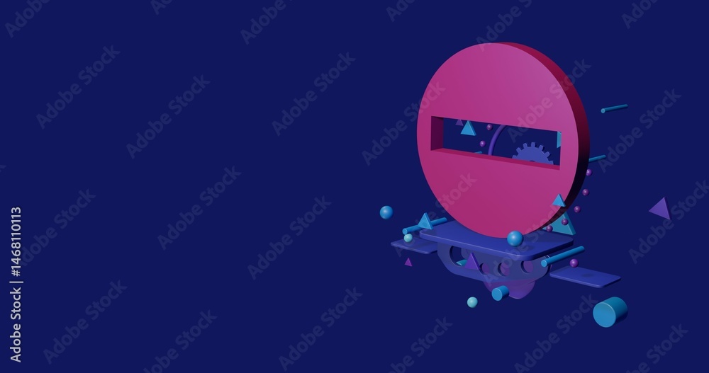 Naklejka premium Pink no entry road sign on a pedestal of abstract geometric shapes floating in the air. Abstract concept art with flying shapes on the right. 3d illustration on indigo background