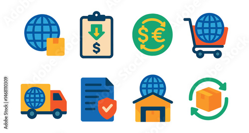 Flat vector icons of cross-border and international shopping: global shipping icon, import tax notice, currency converter badge, international checkout cart, worldwide delivery truck, customs