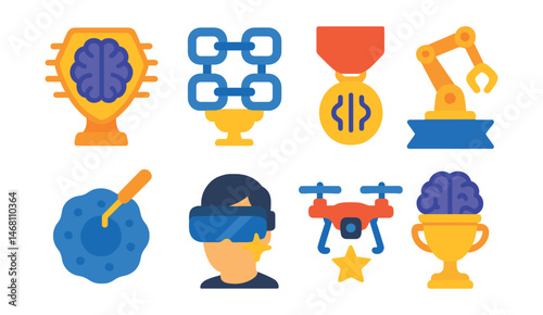 Flat vector icons of emerging technologies: AI chip brain badge, blockchain chain nodes trophy, quantum computer gate medal, robotic arm motion ribbon, nanotechnology cell probe icon, AR headset