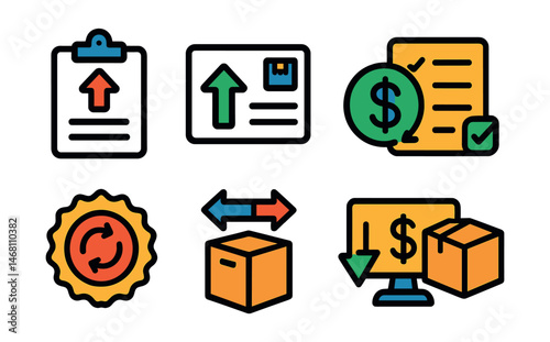 Flat vector icons of returns and refunds: return request form, return shipping label, refund processing icon, item return checklist, return policy badge, exchange item symbol, refund credit to