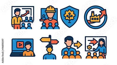 Flat vector icons of employee retraining programs: career change training session, new skills bootcamp, digital retraining program, reskilling for industry change badge, online retraining course