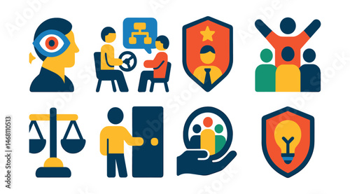 Flat vector icons of leadership coaching programs: visionary leadership badge, decision-making coaching session, inspiring leadership traits badge, team empowerment coaching, ethical leadership