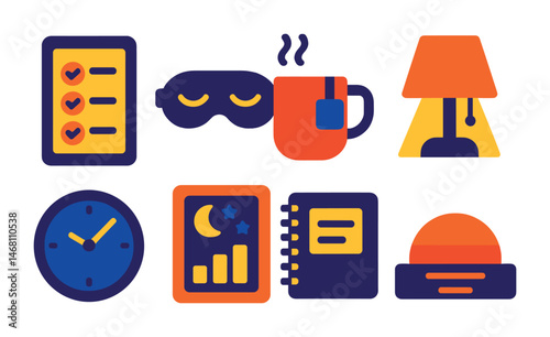 Flat vector icons of sleep and rest for wellbeing: bedtime routine checklist, sleep mask icon, relaxing bedtime tea, low-light lamp, wind-down hour, sleep tracker chart, evening reflection page,