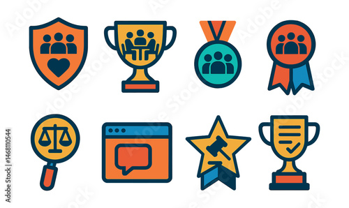 Flat vector icons of inclusive policymaking: social impact policy badge, inclusive strategy meeting trophy, stakeholder consultation medal, community co-design ribbon, equity audit icon, public