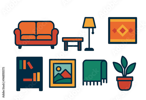 Flat vector icons of cozy living room elements: sofa icon, coffee table, floor lamp, rug pattern, bookshelf icon, wall art frame, throw blanket, indoor plant pot.