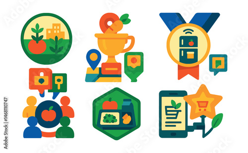 Flat vector icons of food system innovation: urban agriculture badge, food rescue logistics trophy, smart community fridge medal, food access map ribbon, inclusive nutrition hub icon, sustainable