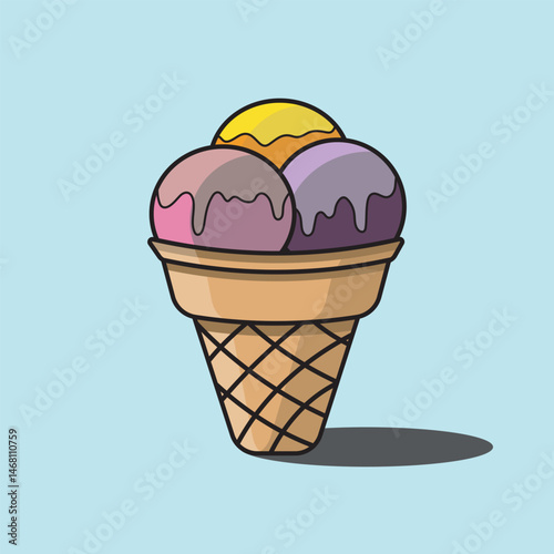 Colorful Ice Cream Cone Illustration on Light Blue Background
