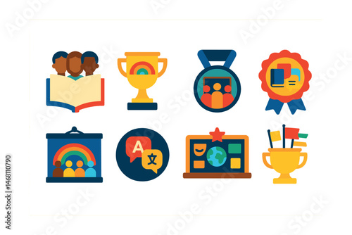 Flat vector icons of diversity in education: multicultural book badge, heritage celebration trophy, global classroom map medal, bilingual learning materials ribbon, inclusive classroom decor icon,