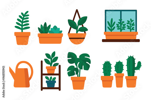 Flat vector icons of home plant decor: potted fern, succulent collection, hanging planter, windowsill herb garden, plant watering can, plant shelf tier, leafy monstera pot, cactus trio.