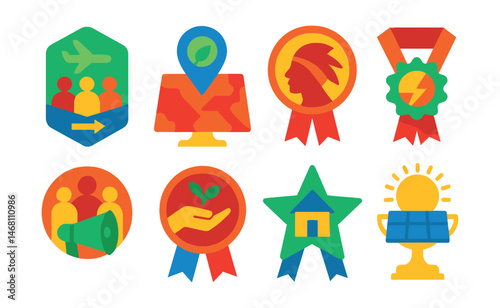 Flat vector icons of climate justice concepts: climate migration support badge, environmental equity map trophy, indigenous climate stewardship medal, just transition program ribbon, frontline