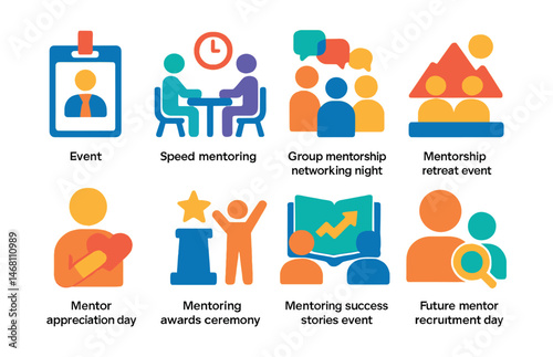Flat vector icons of mentorship event planning: mentorship conference badge, speed mentoring event, group mentorship networking night, mentorship retreat event, mentor appreciation day icon,