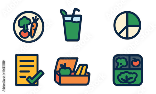 Flat vector icons of healthy eating choices: vegetable plate, smoothie glass, protein bowl, portion size guide, grocery list icon, healthy snack box, plant-based meal badge, meal prep container.