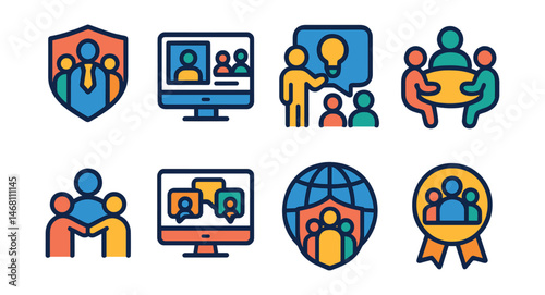 Flat vector icons of mentor community building: mentor networking group badge, mentorship community platform, knowledge sharing session, group mentorship events, mentor peer support group, mentorship