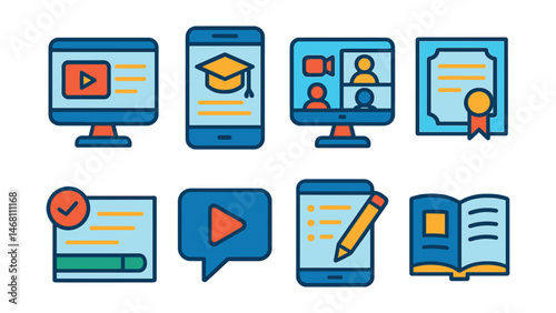 Flat vector icons of e-learning platforms: online course screen icon, e-learning mobile app badge, virtual classroom setup, online course certificate, learning module completion tracker, interactive