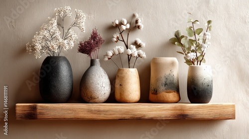 Rustic shelf, vases, dried flowers, minimalist home decor, calm background