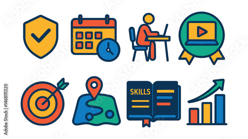 Flat vector icons of self-paced learning: self-study checklist badge, flexible schedule calendar, independent learning desk, online self-paced course badge, goal-setting for learners, personal