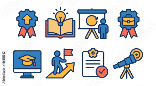 Flat vector icons of learning and development programs: employee upskilling badge, lifelong learning course, continuous education workshop, professional skills development badge, online learning photo
