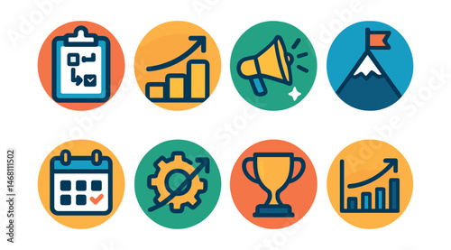 Flat vector icons of anti-procrastination habits: creating action plans badge, breaking big tasks into small steps badge, using motivational tools badge, visualizing project completions badge,