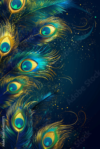 Luxurious vector layout with vibrant peacock feathers on deep blue festive background for copy space