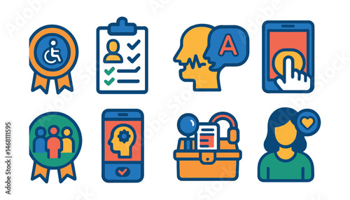 Flat vector icons of special education learning tools: accessibility in learning badge, individualized education plan icon, speech therapy learning aid, assistive technology for learning, inclusive