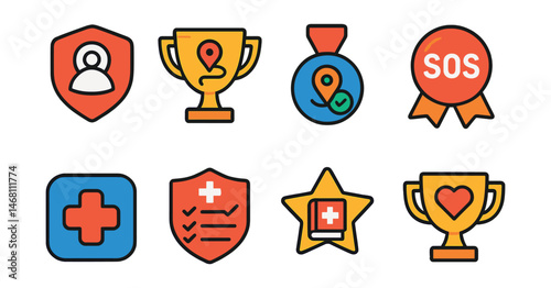 Flat vector icons of personal safety and wellbeing apps: emergency contact setup badge, safe walking route tracker trophy, location sharing with trusted contacts medal, emergency alert button ribbon,