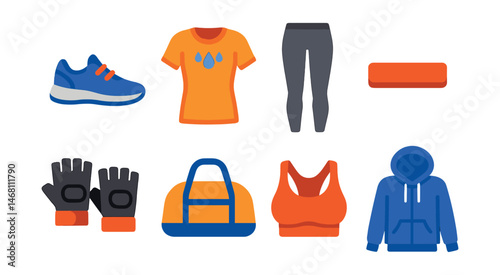 Flat vector icons of workout clothing and gear: running shoes icon, moisture-wicking shirt, athletic leggings, sweatband, training gloves, gym duffle bag, supportive sports bra, lightweight hoodie.