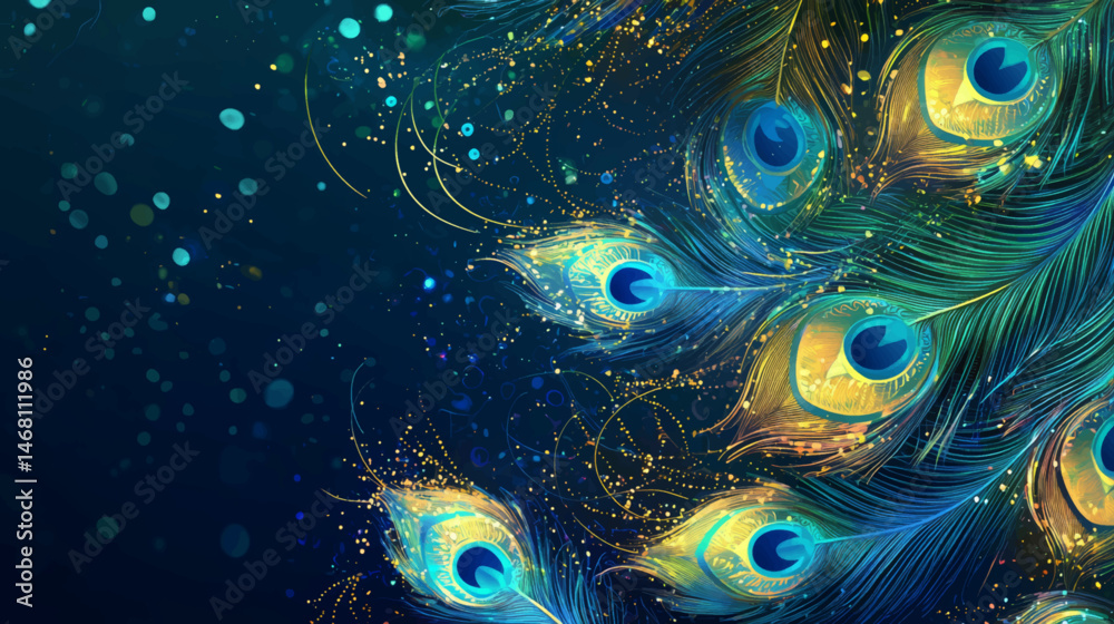 Obraz premium Luxurious vector layout with vibrant peacock feathers on deep blue festive background for copy space