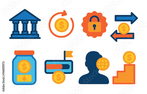 Flat vector icons of saving strategies: savings account bank, round-up savings icon, fixed deposit badge, automatic transfer symbol, rainy day fund jar, goal savings tracker, future planning icon,