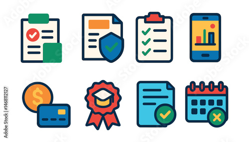 Flat vector icons of certification application process: certification enrollment form, document verification badge, eligibility checklist, application status tracking, certification fee payment icon,