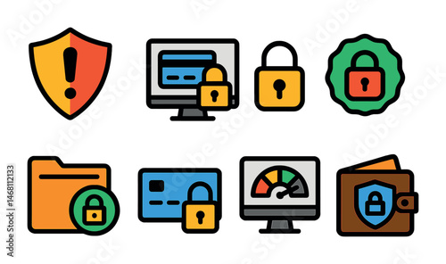 Flat vector icons of financial safety and security: fraud alert shield, online payment security icon, secure transaction badge, identity protection lock, safe banking folder, encrypted payment icon,