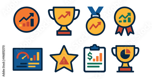 Flat vector icons of financial forecasts: revenue projection chart badge, profit growth forecast trophy, stock market trend prediction medal, investment return estimation ribbon, expense forecast