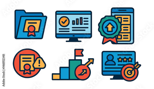 Flat vector icons of certification tracking and management: certification portfolio icon, certification tracking dashboard, progress toward certification badge, multi-certificate management app,